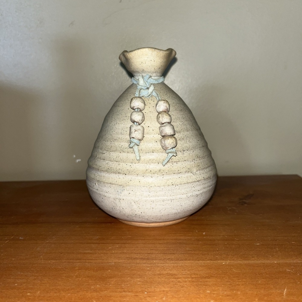 Signed Art Pottery Vase J Acord Hnd Thrown Pottery Beads Leather Tassel Bolt WV